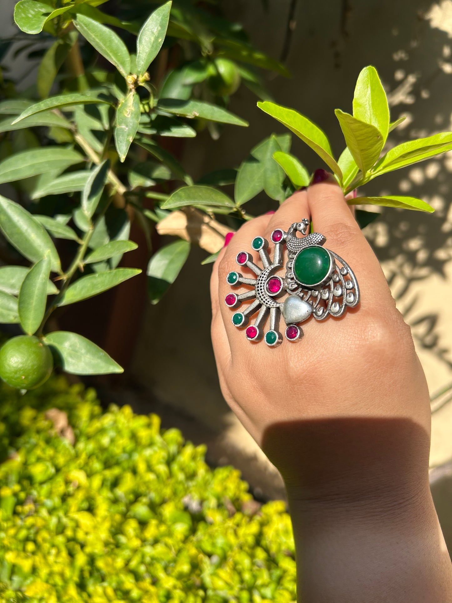 Jaipuri Peacock Oxidised Ring