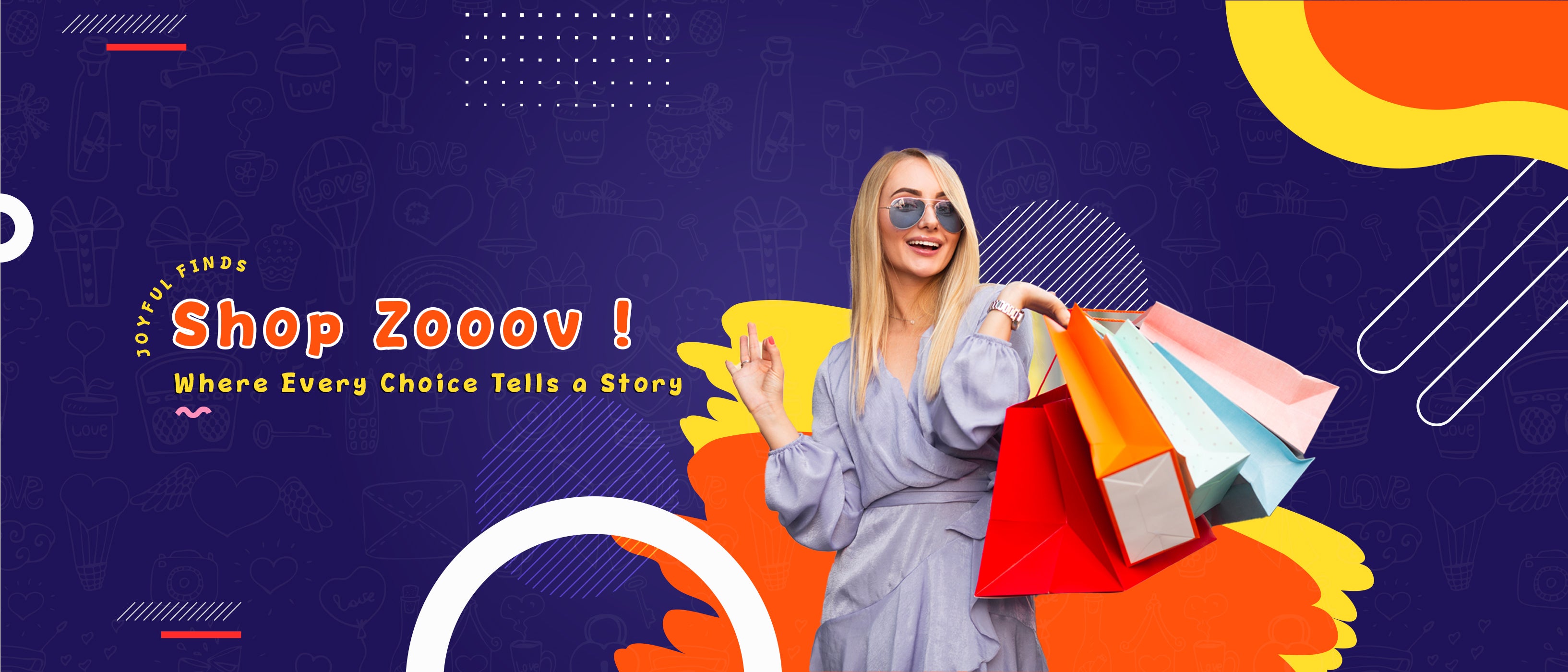 Woman holding shopping bags with colorful abstract design and 'Shop Zozoov!' text on a dark blue background