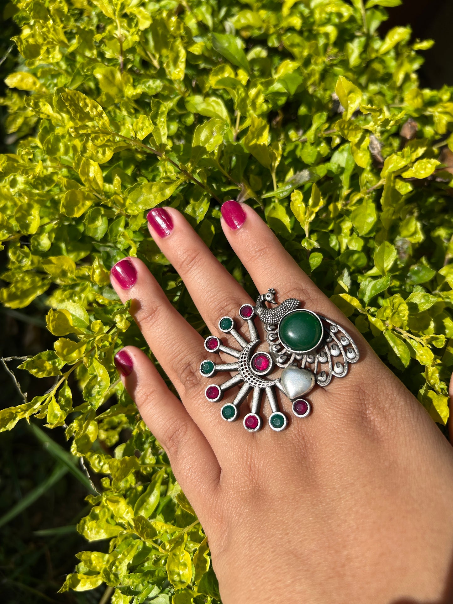 Jaipuri Peacock Oxidised Ring