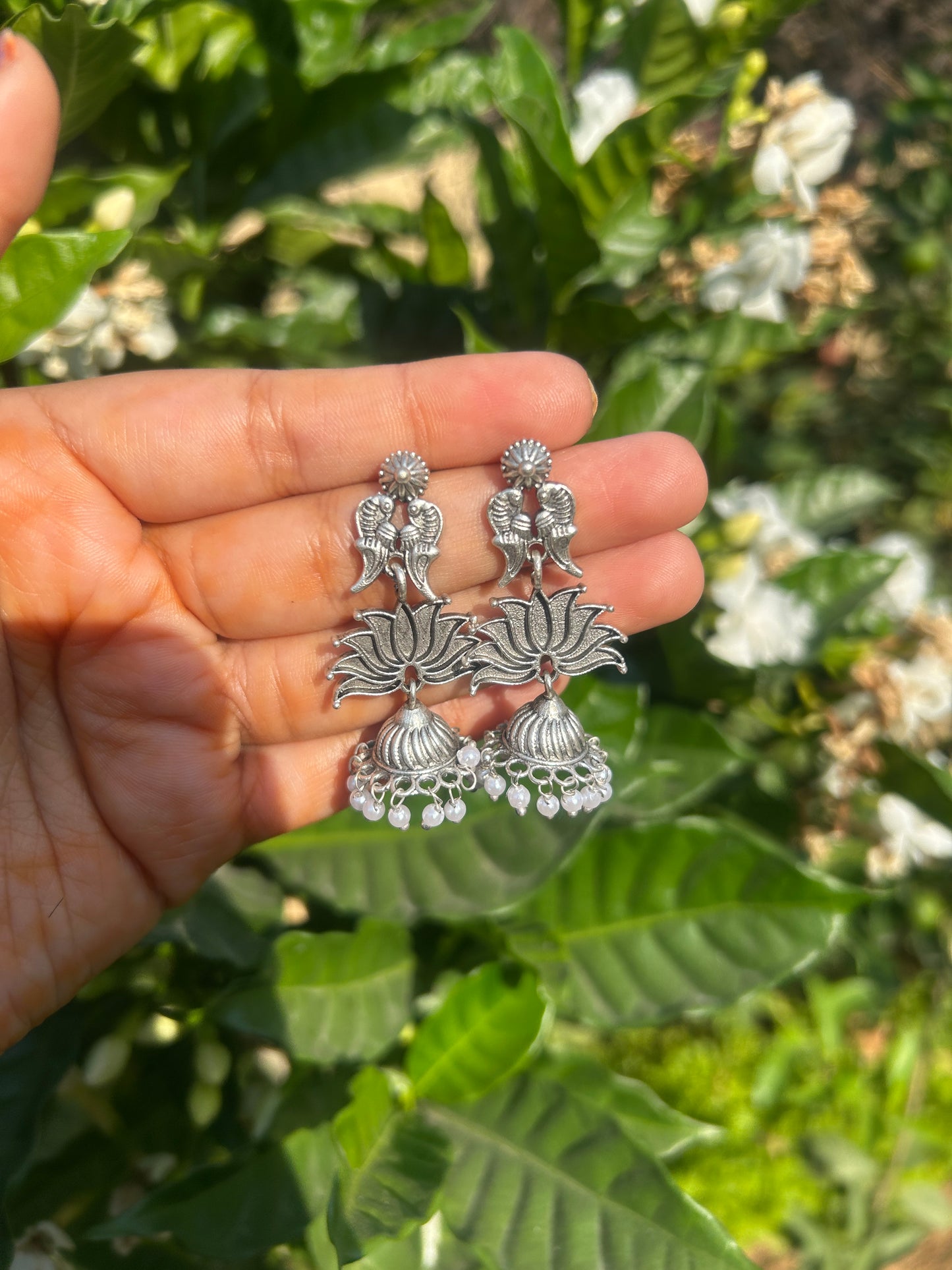 Silver Lotus Jhumkas