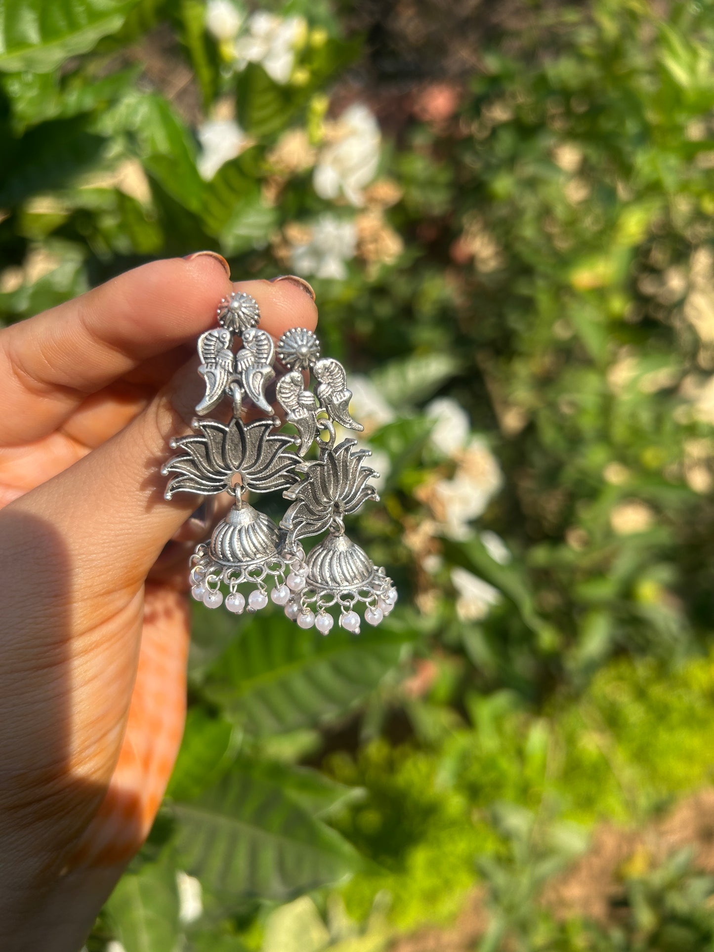 Silver Lotus Jhumkas