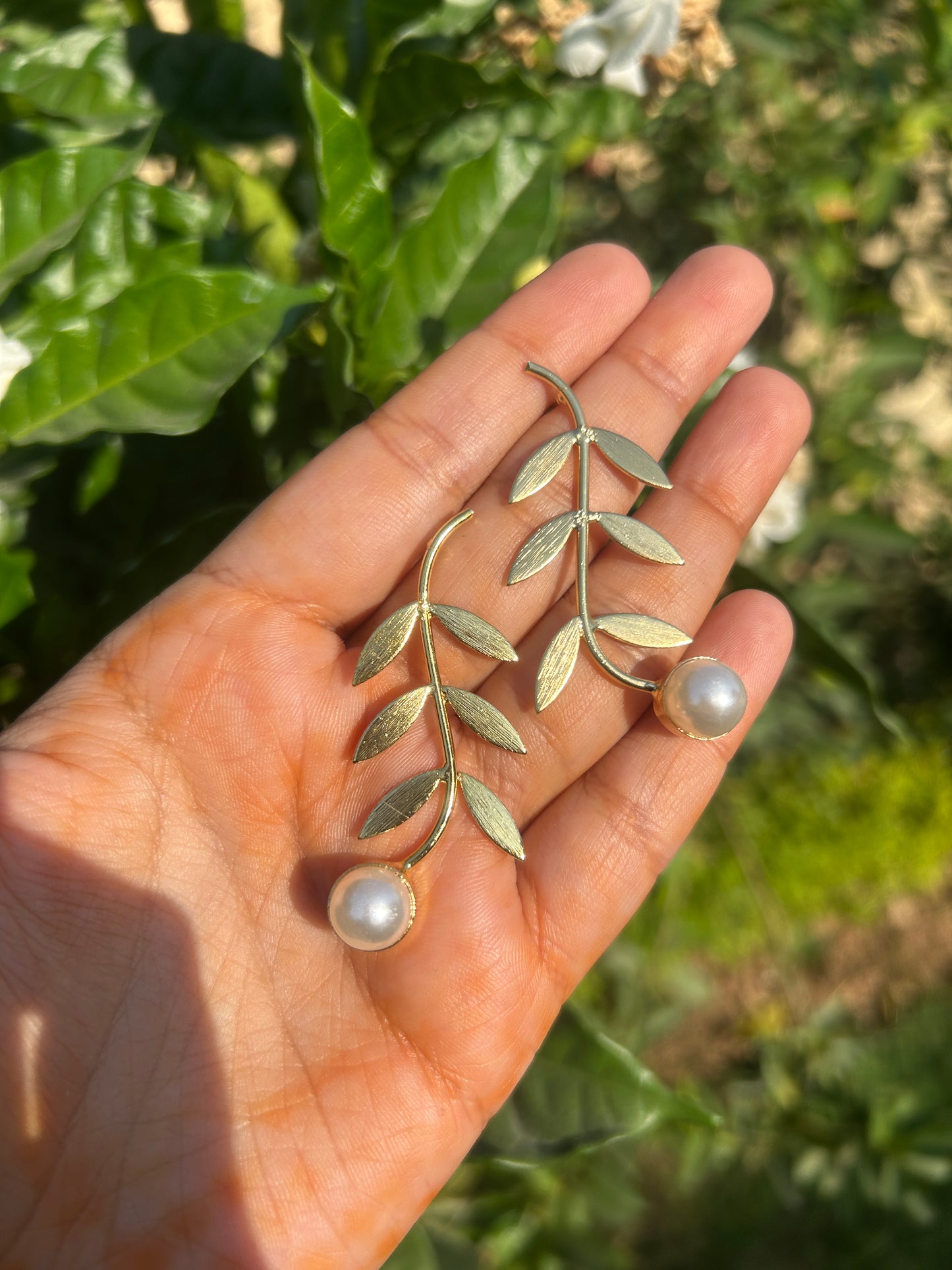 Golden Leaf Pearl Earrings