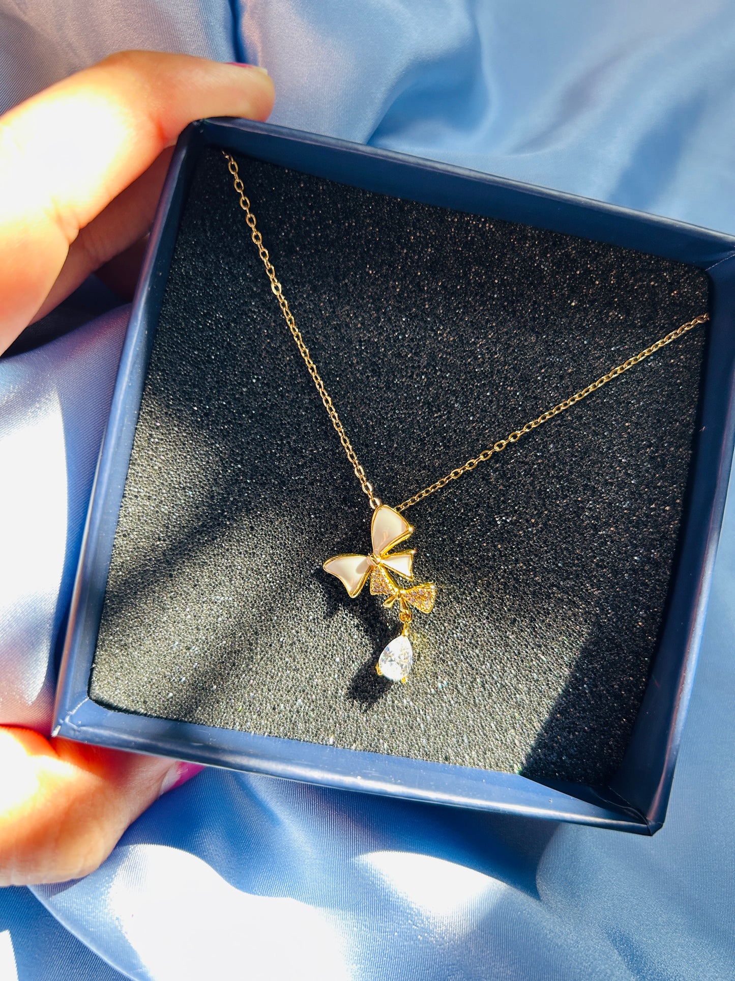 White Bow with Diamond Charm Pendant